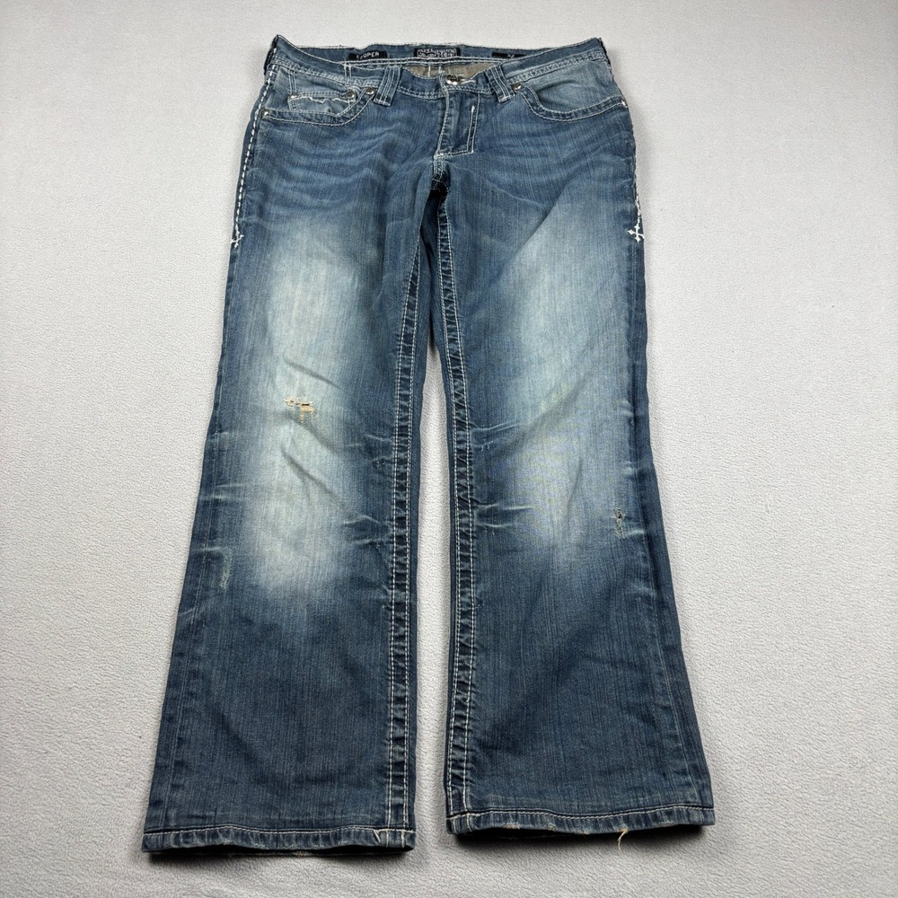 Affliction Black Premium Cooper Jeans Mens Size 32 Distressed Blue Denim HEMMED